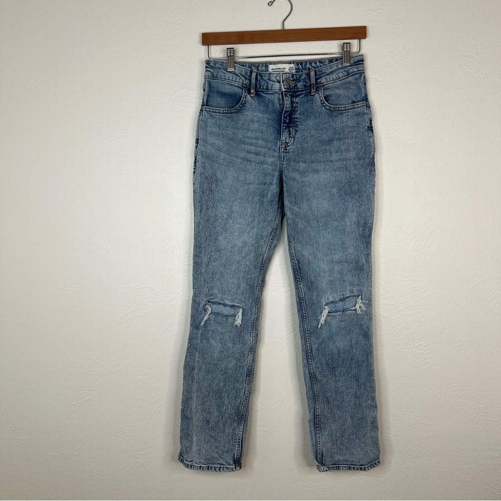Abercrombie Kids High Rise Straight Jeans Distressed Knit Blue Denim Size 17/18